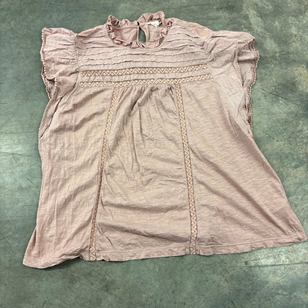 Caslon Womens XL Pink Swiss Dot Blouse Flutter Sleeve Lace Trim Boho Cotton